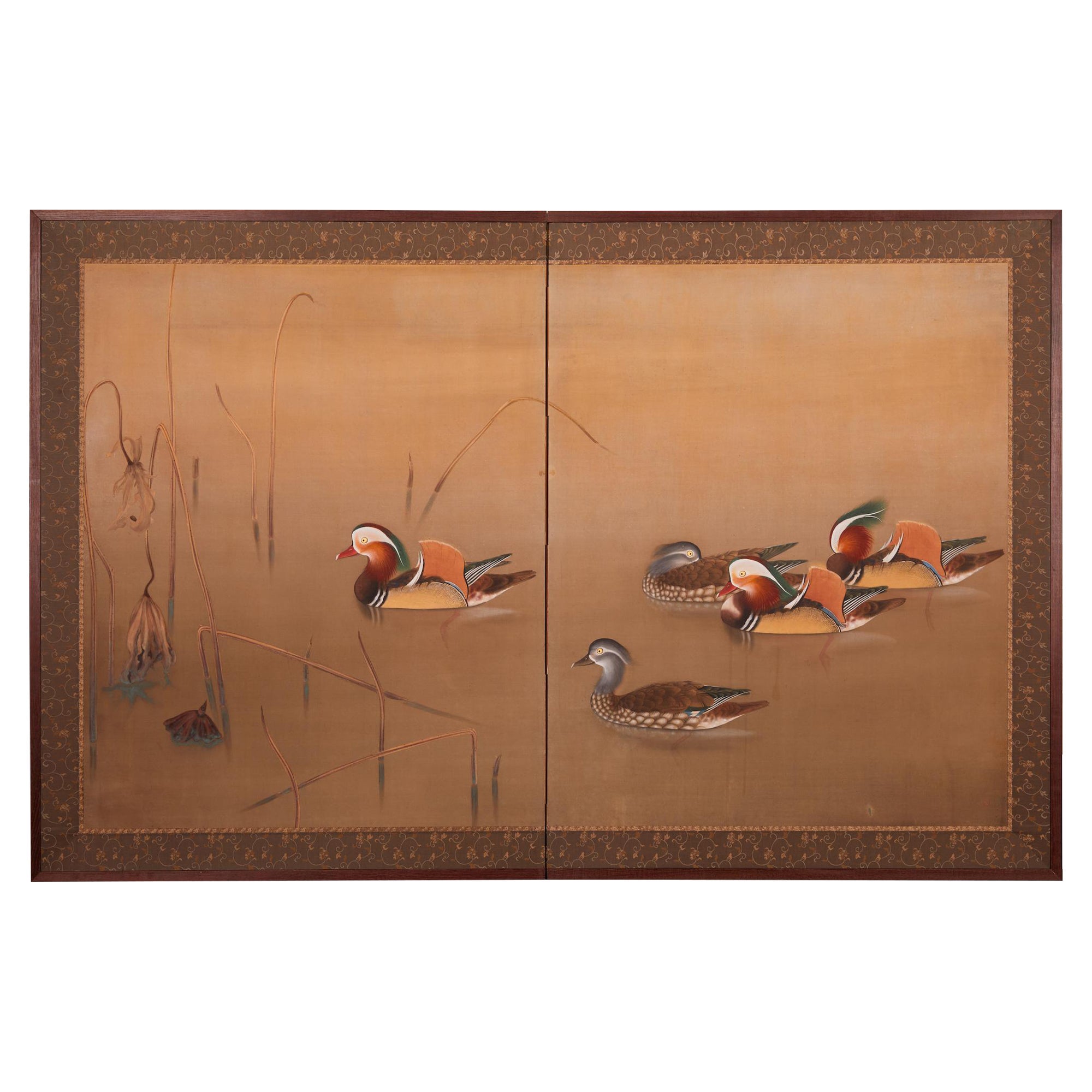 Japanese Two Panel Screen: Mandarin Ducks Among Dry Lotus For Sale
