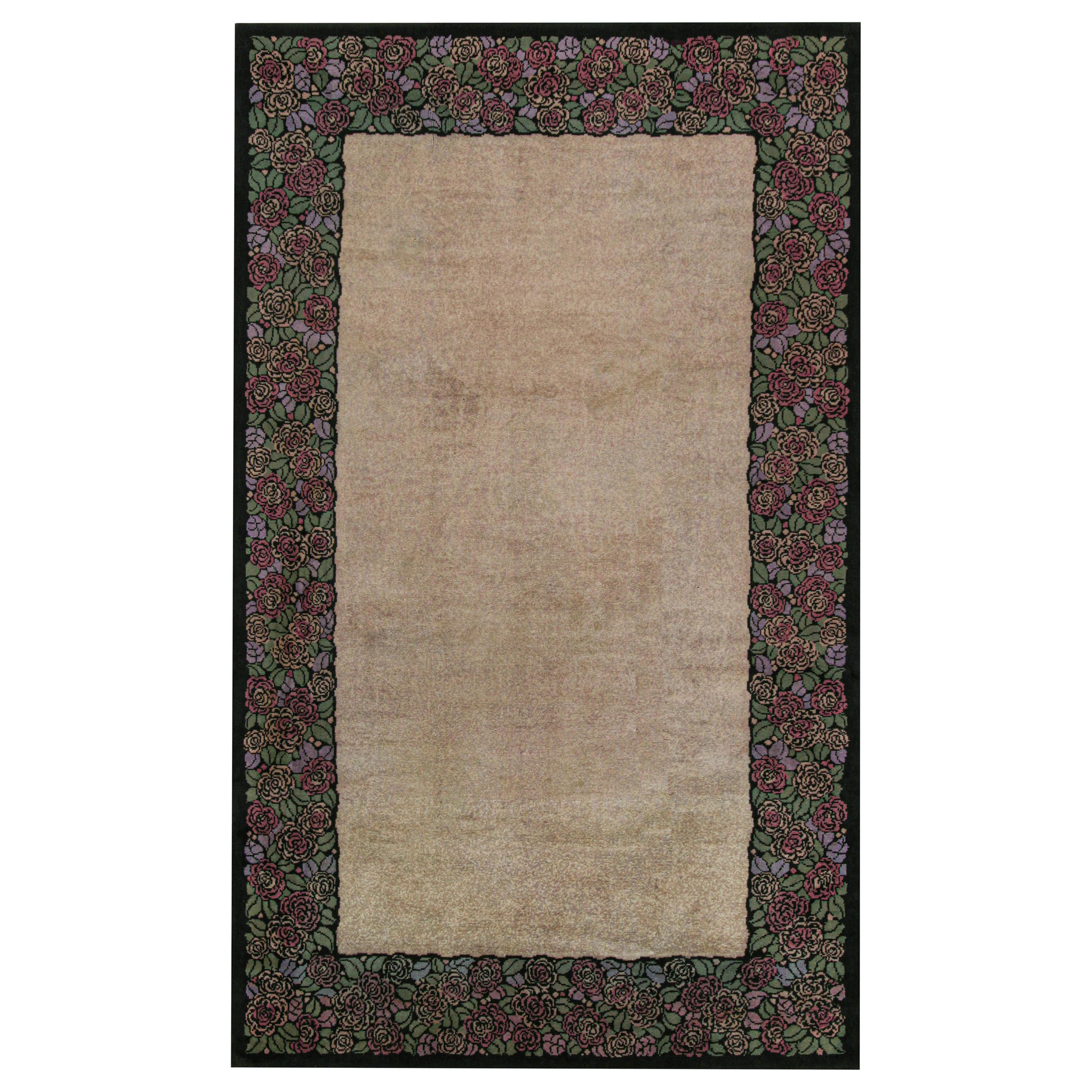 Antique Dutch Art Deco Rug in Beige Open Field with Floral Border by Rug & Kilim For Sale
