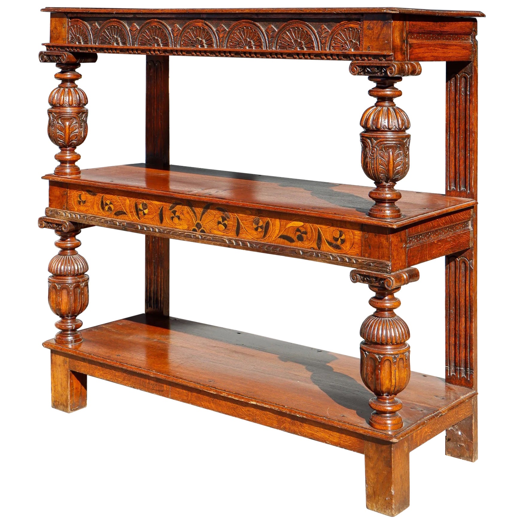 Tudor Oak and Walnut Inlaid Tiered Server