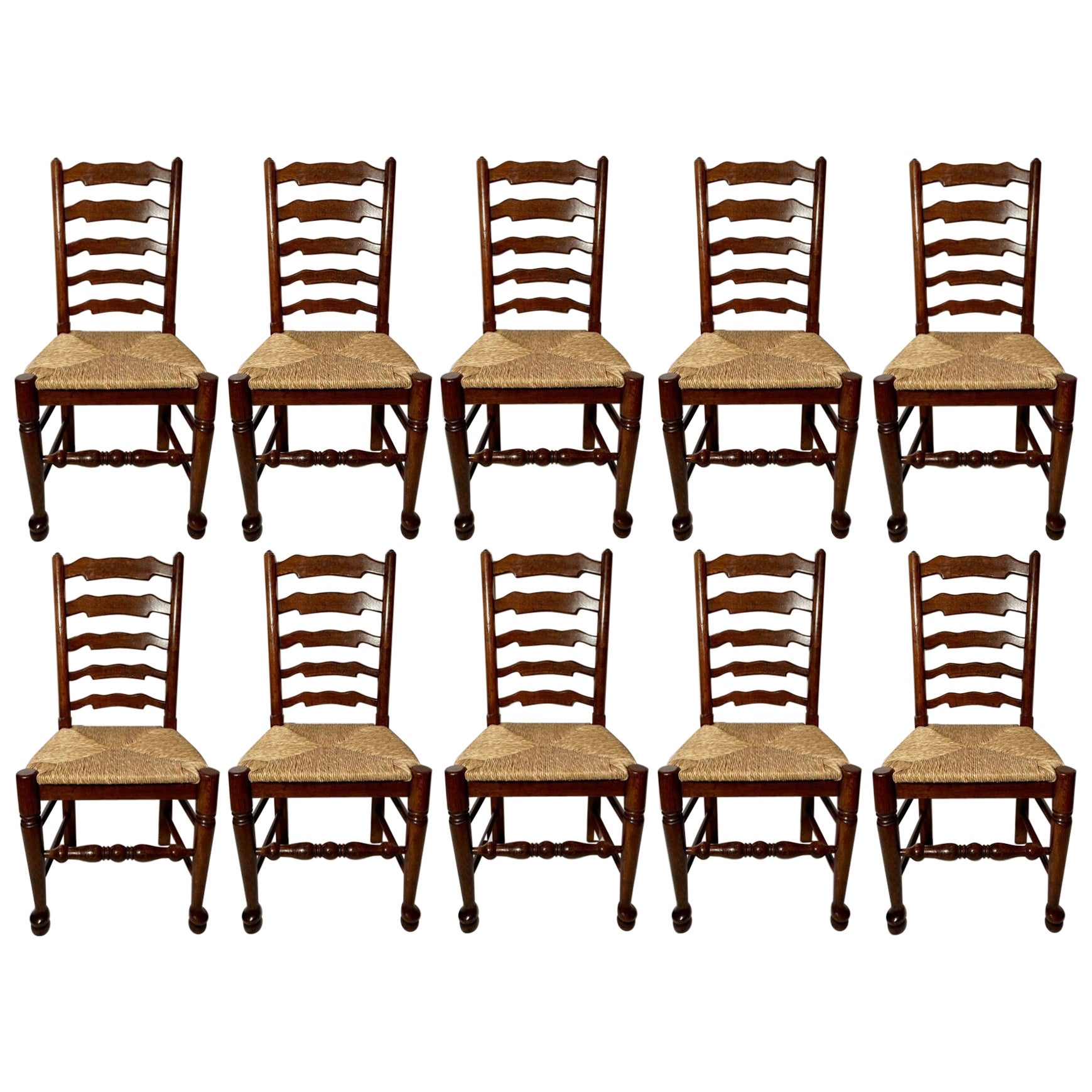 Set of Ten English Oak Ladder Back Chairs with Rush Seats