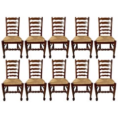 Set of Ten English Oak Ladder Back Chairs with Rush Seats