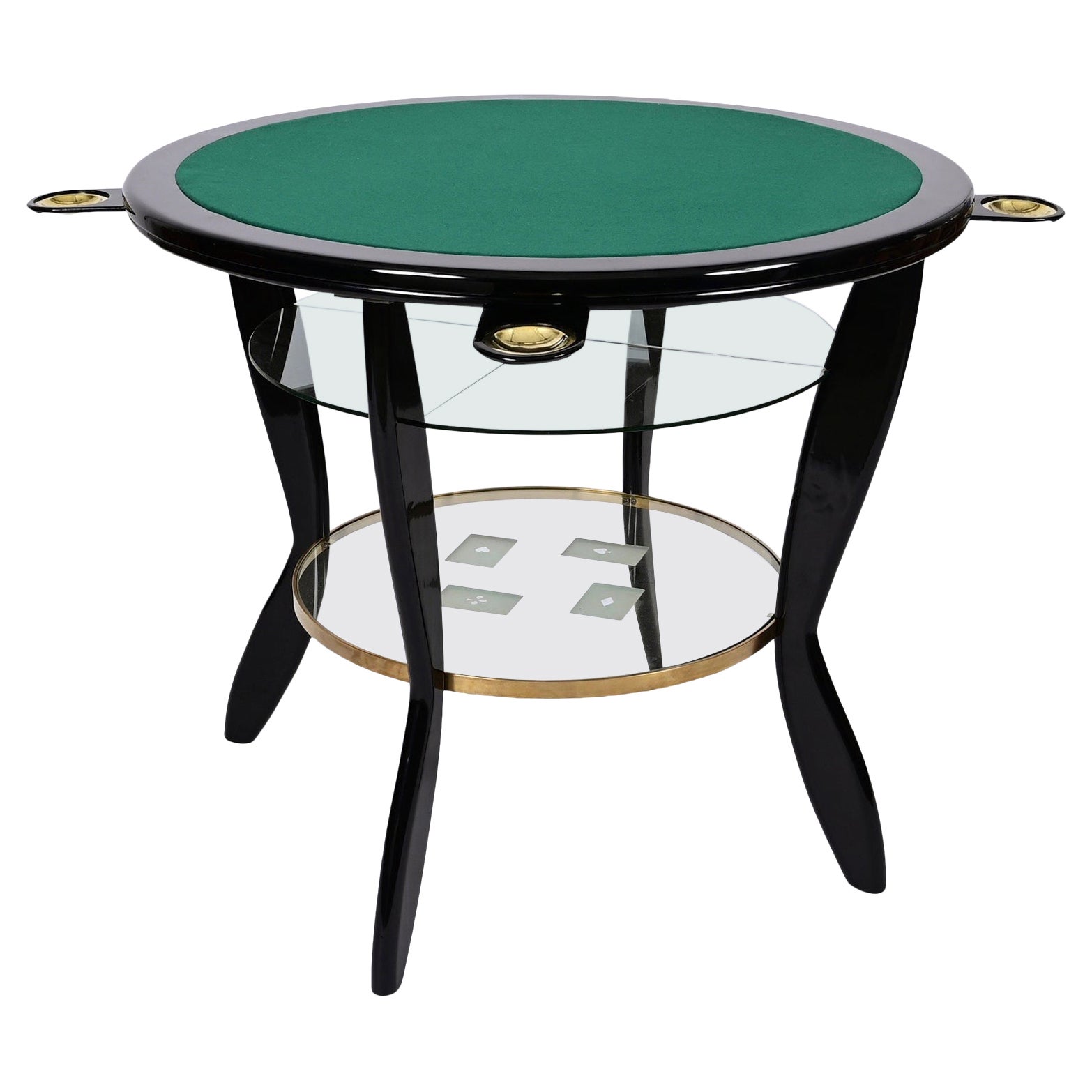 Gio Ponti Style Ebonized Beech and Brass Italian Game Table with Glass, 1950s For Sale