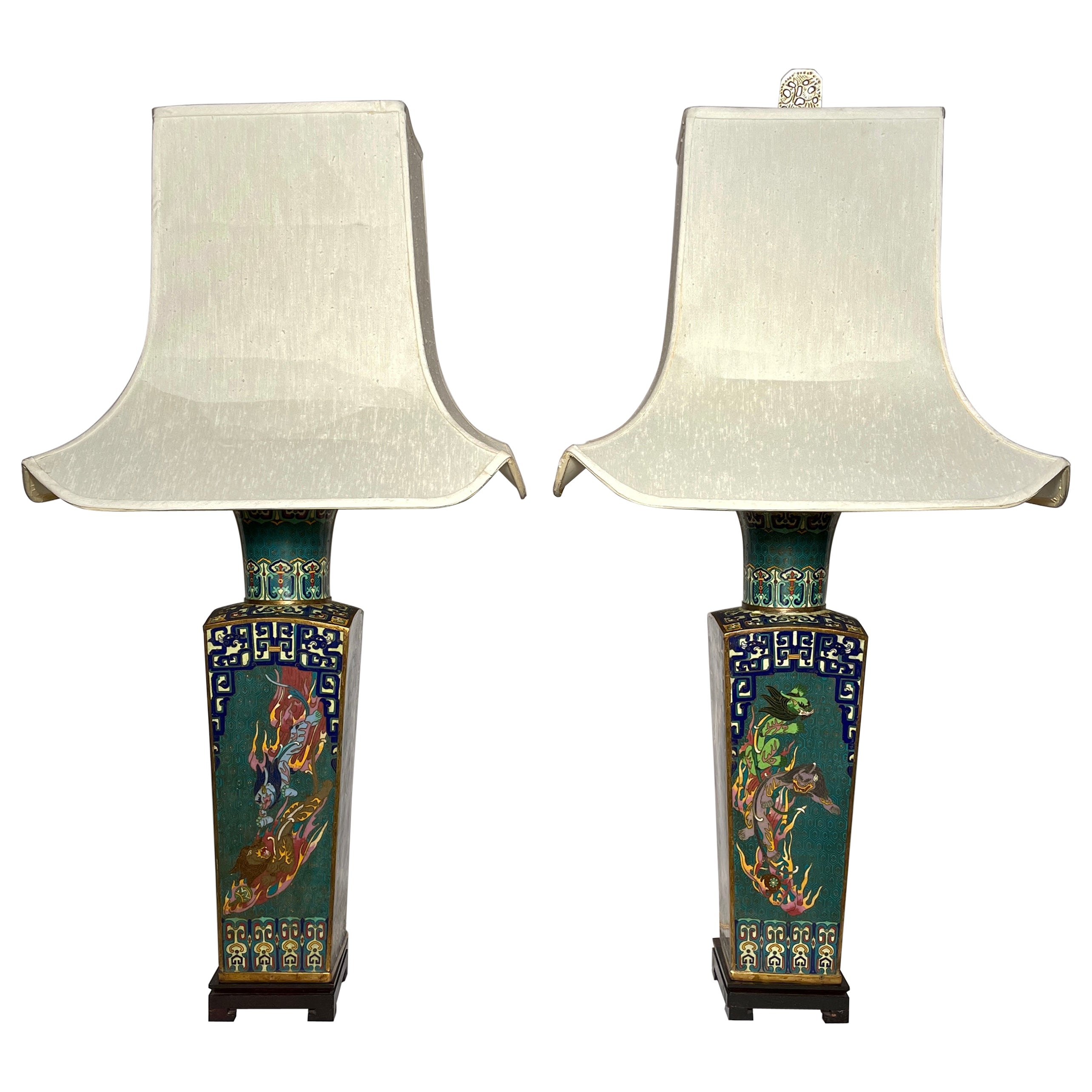 Pair Antique 19th Century Chinese Cloisonné Lamps