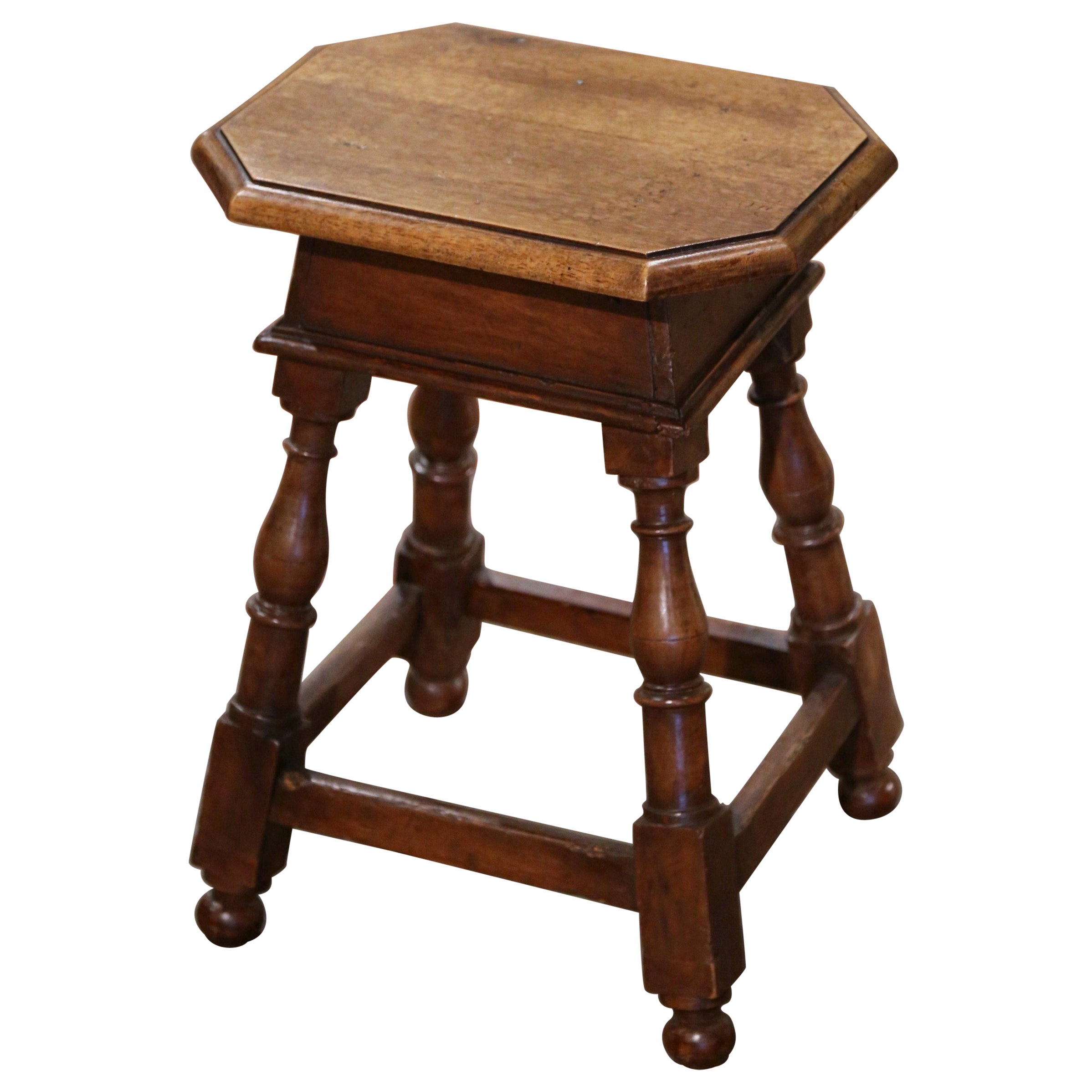 19th Century French Louis XIII Carved Walnut Turned Legs Octagonal Stool 
