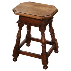 Antique 19th Century French Louis XIII Carved Walnut Turned Legs Octagonal Stool 