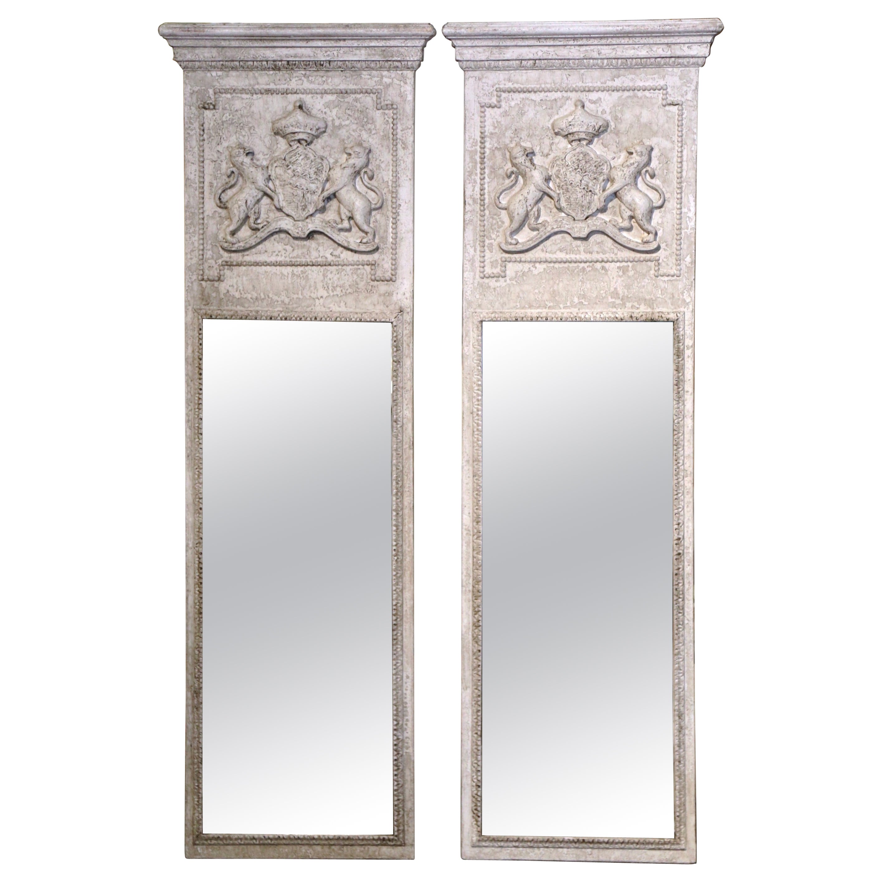 Pair of Mid-Century French Carved and Painted Trumeaux Mirrors from Normandy