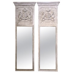Antique Pair of Mid-Century French Carved and Painted Trumeaux Mirrors from Normandy