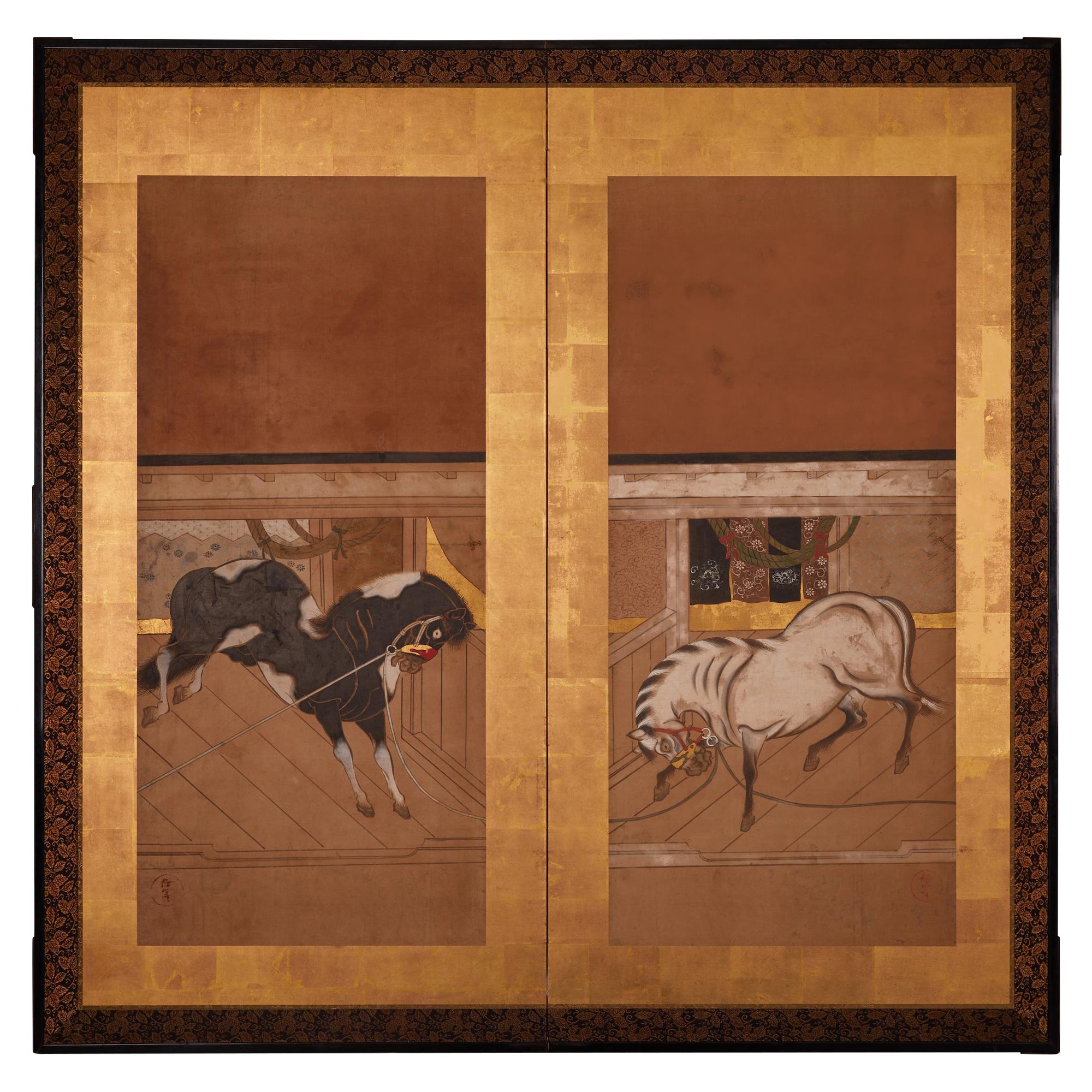 Japanese Two Panel Screen: Horses in Stable For Sale