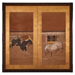 Japanese Two Panel Screen: Horses in Stable