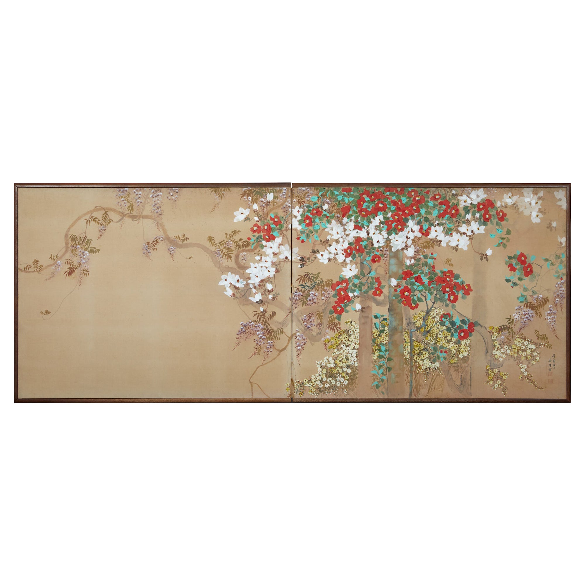 Japanese Two Panel Screen: Flowering Vines and Wisteria For Sale