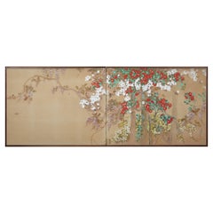 Japanese Two Panel Screen: Flowering Vines and Wisteria