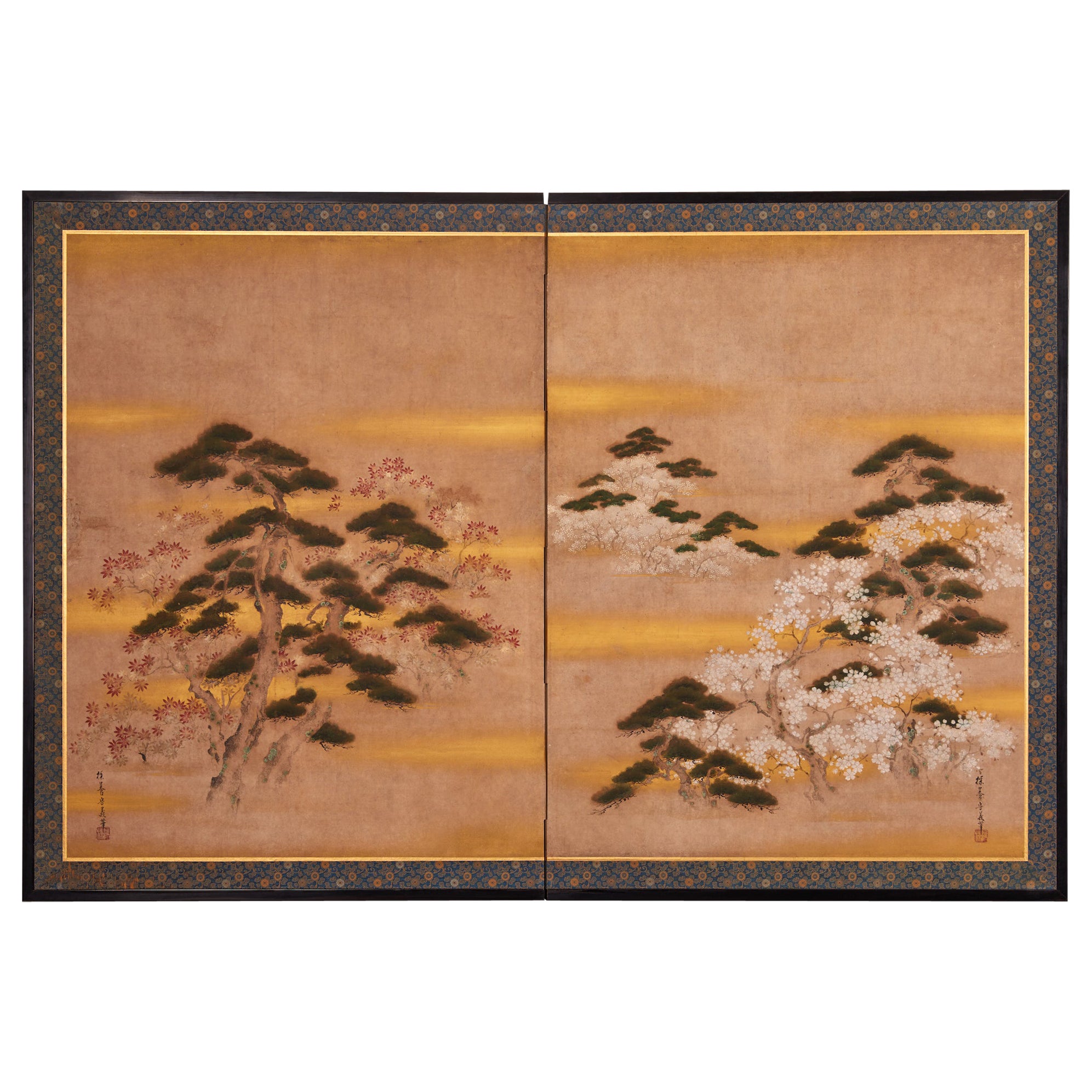 Biombo japonés de dos paneles, pino, cerezo y arce