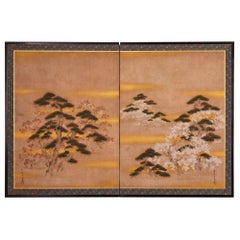 Antique Japanese Two-Panel Screen, Pine, Cherry, and Maple