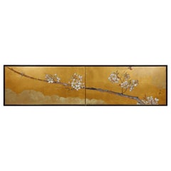 Japanese Two-Panel Screen, Cherry Blossoms on Gold
