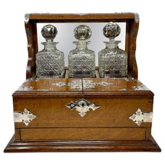 Antique English Oak, Silver-Plate & Cut Crystal Tantalus Games Box, Circa 1880
