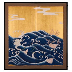 Antique Japanese Two-Panel Screen: Seaside Dream
