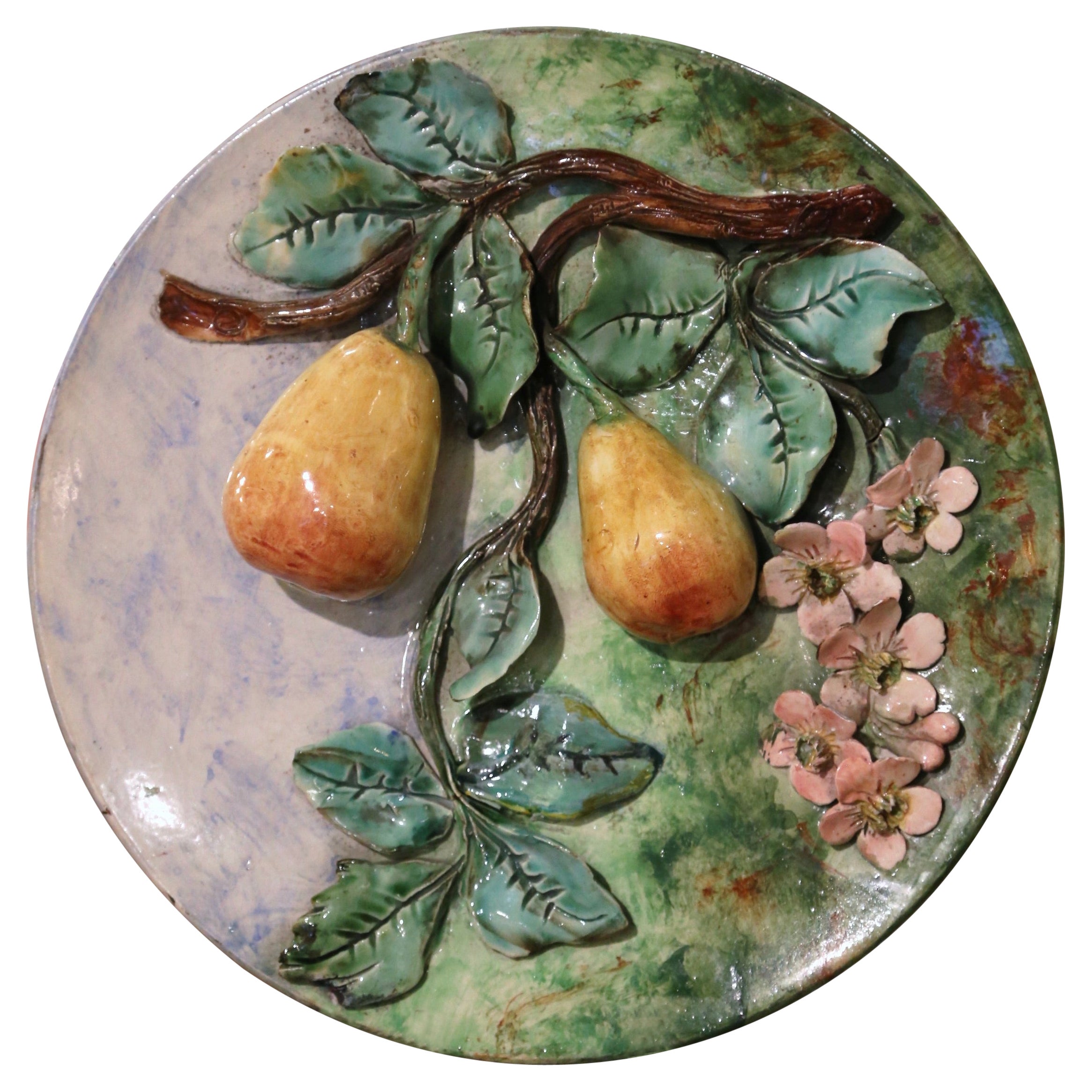 19th Century French Hand-Painted Barbotine Faience Wall Plate Stamped Longchamp For Sale