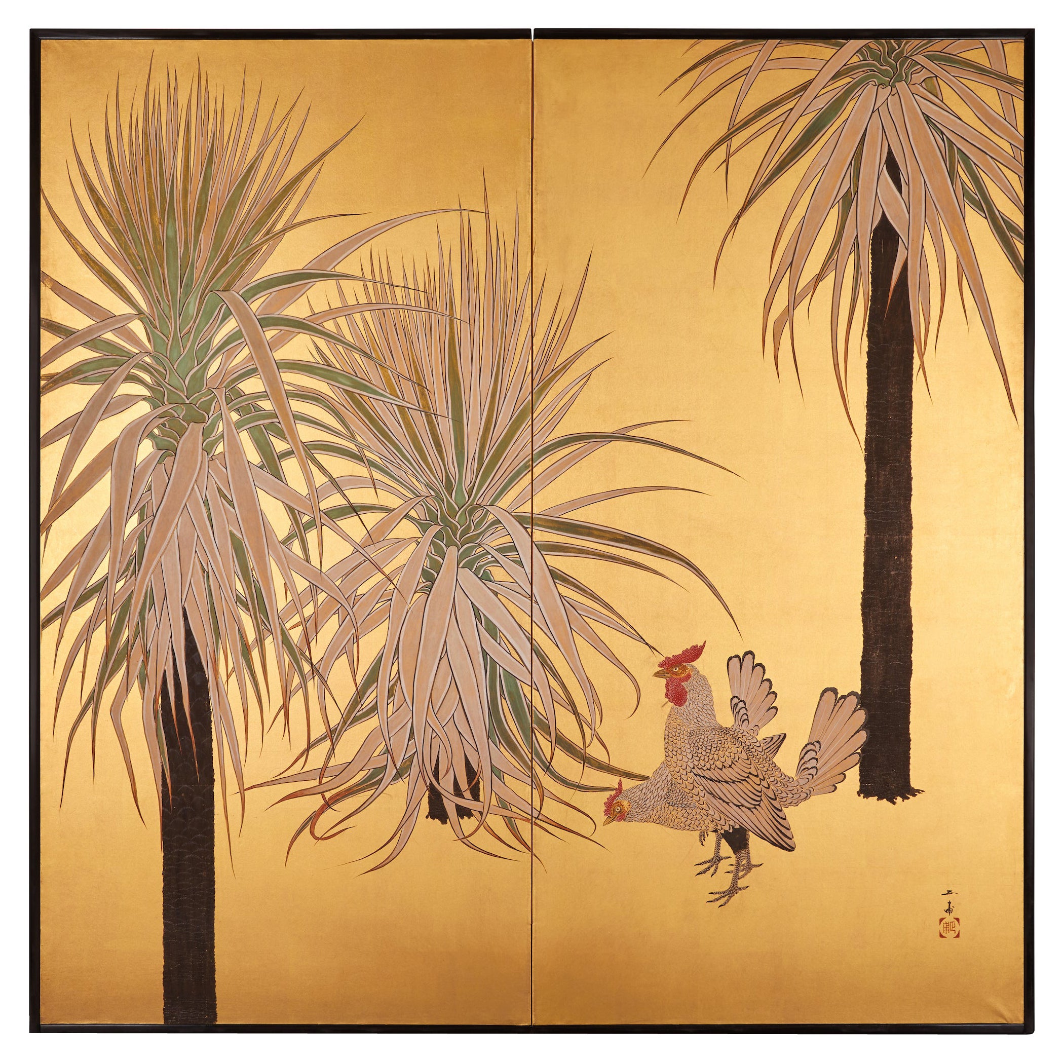 Japanese Two-Panel Screen, Palm Tree Design by Sho Sho