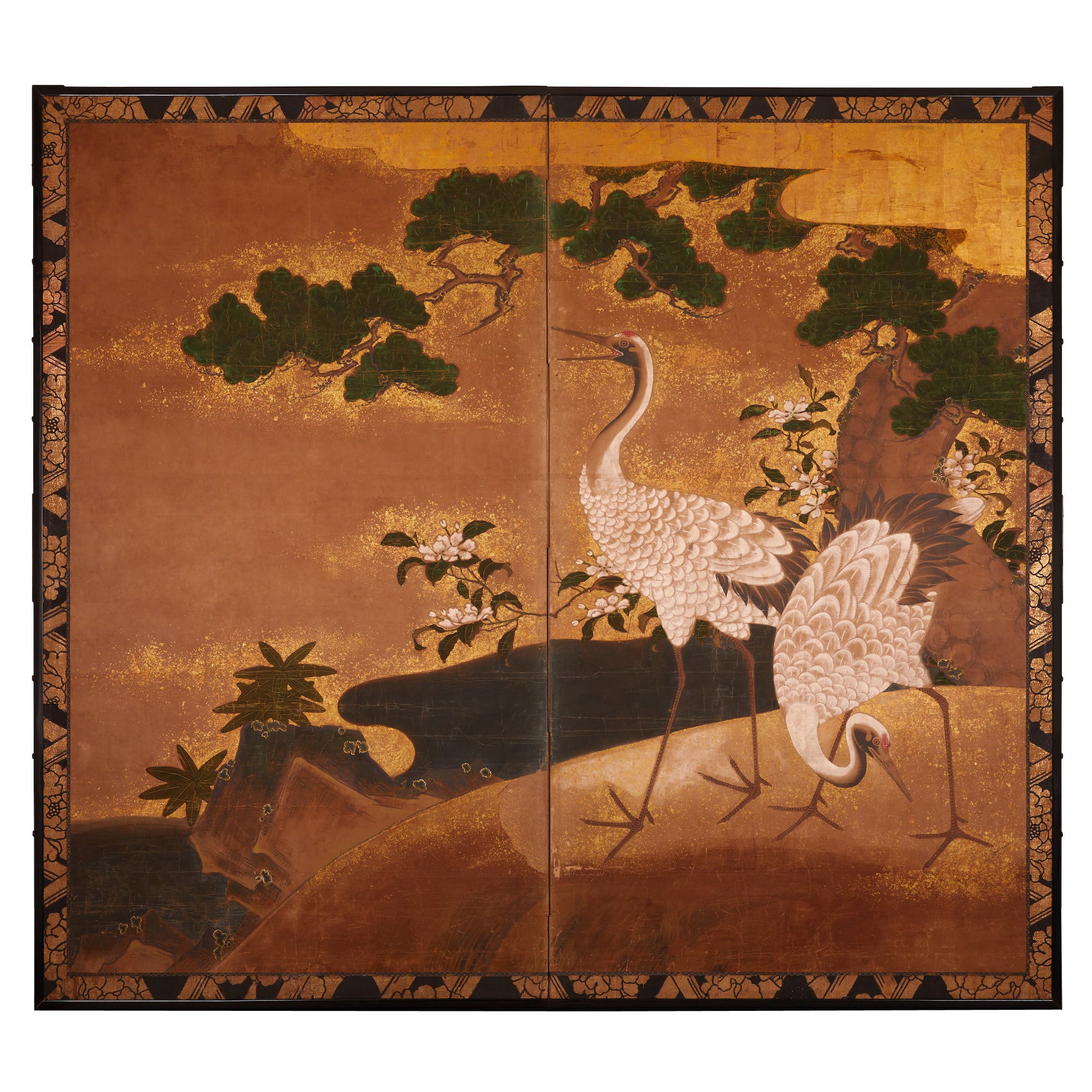 Écran japonais à deux panneaux : Cranes sur or