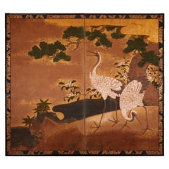 Antique Japanese Two-Panel Screen: Cranes on Gold