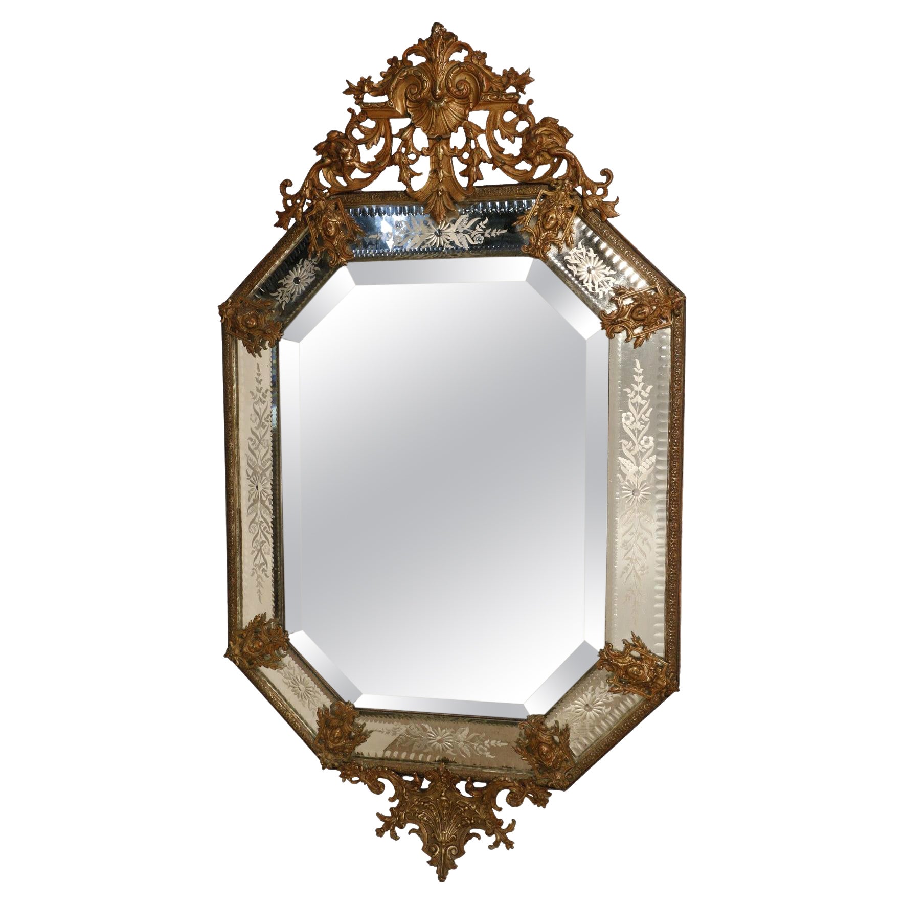 Louis XV Style Octagonal Mirror With Bronze Mounts  For Sale