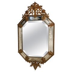 Antique Louis XV Style Octagonal Mirror With Bronze Mounts 