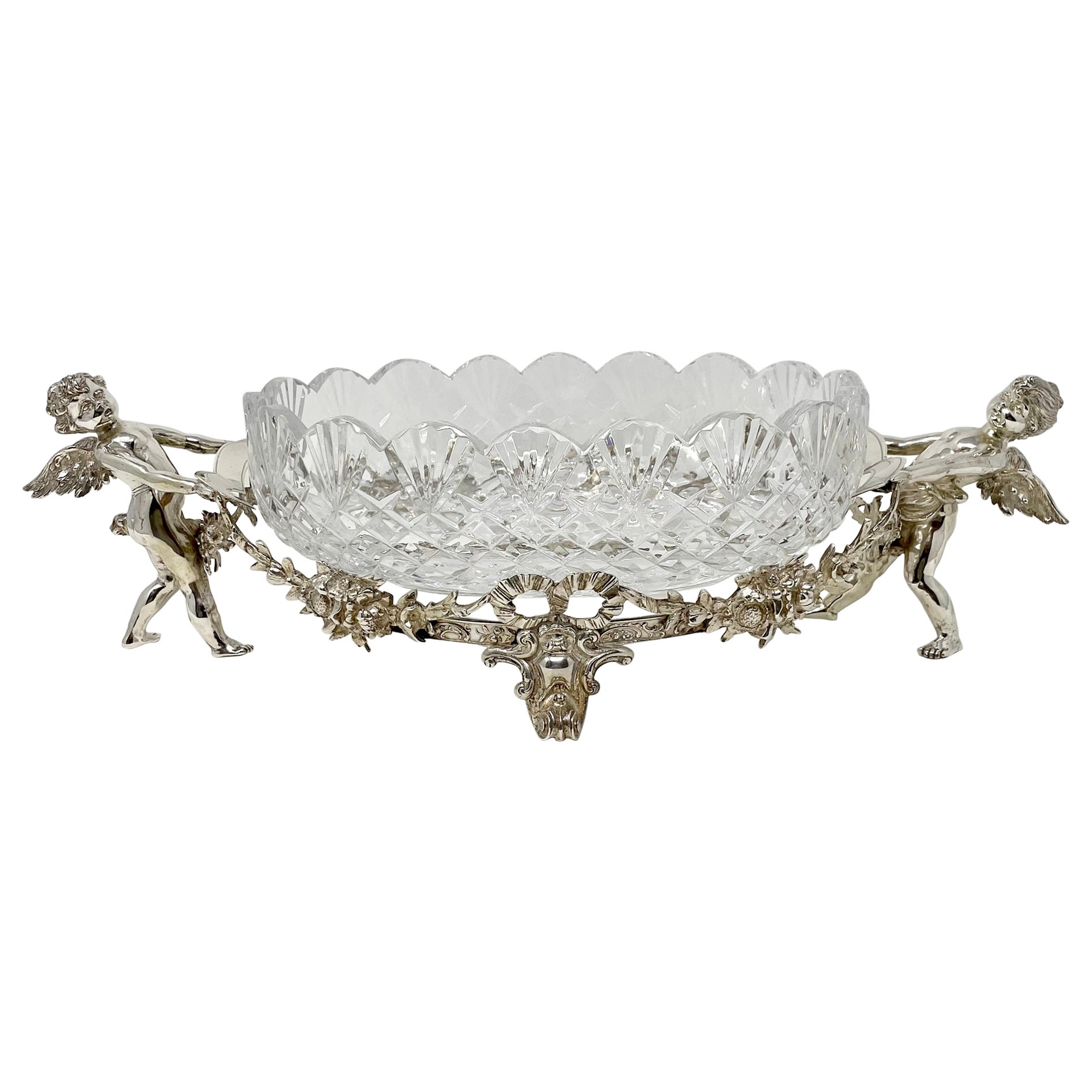 Antique French Cut Crystal & Silver on Bronze "Cherubs" Centerpiece, Circa 1890. For Sale