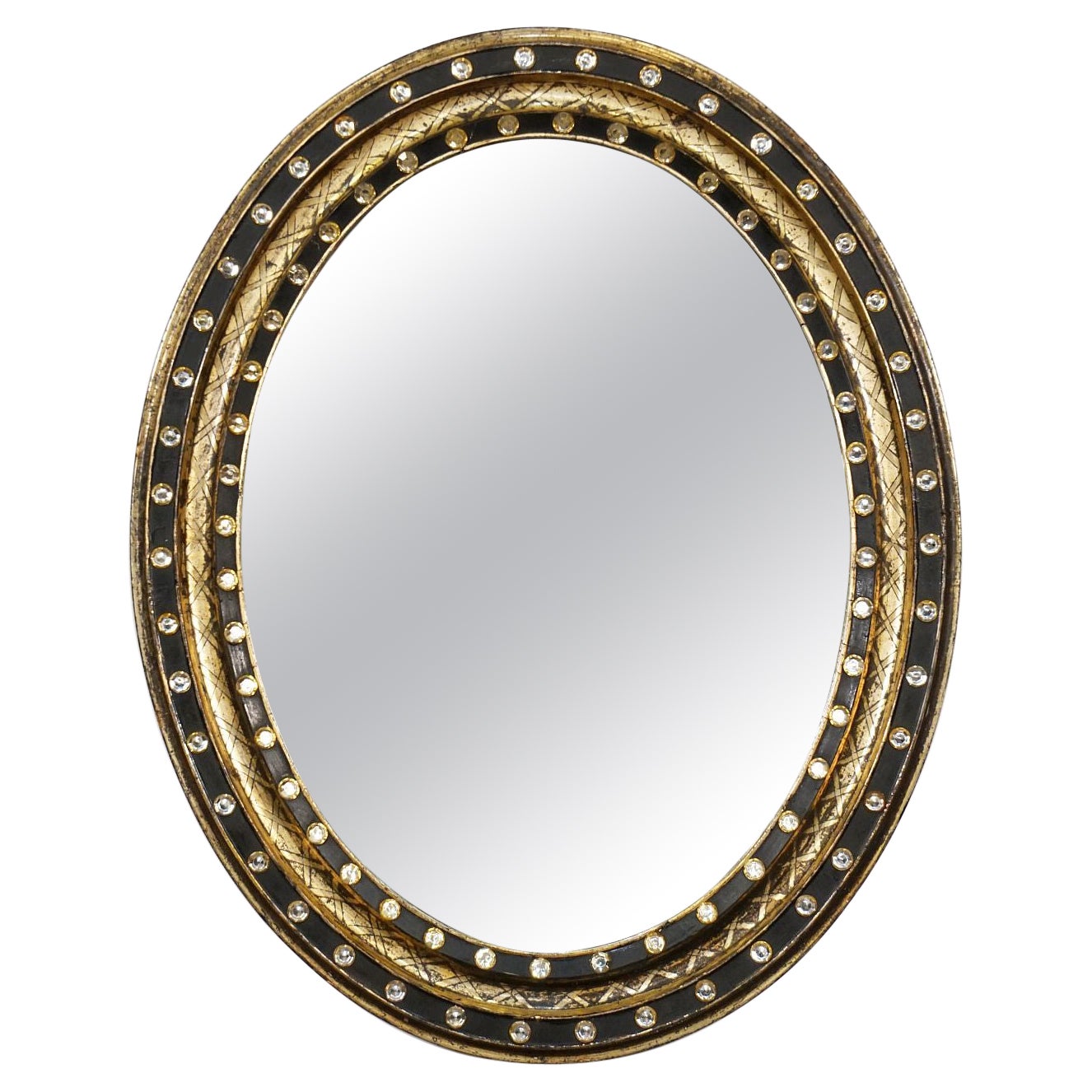 Irish Ebony and Gilt Oval Mirror with Faceted Glass Studs (H 29 1/4 x W 23 1/2)