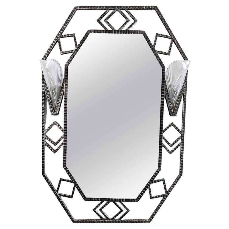 French Art Deco Modern Wroght Iron Mirror with Illlumination For Sale at 1stDibs