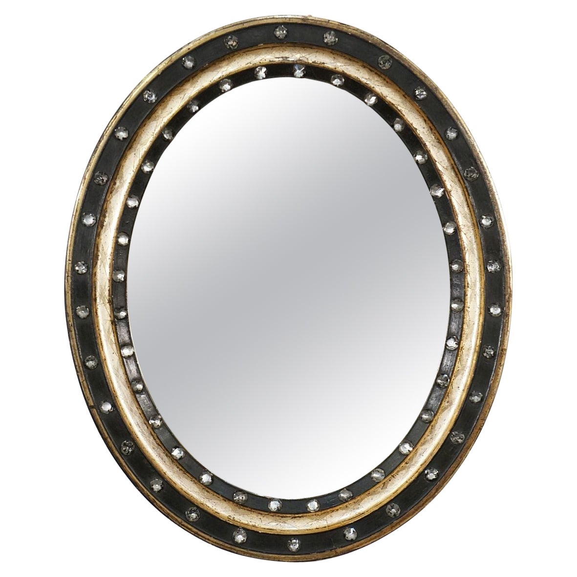Irish Ebony and Gilt Oval Mirror with Faceted Glass Studs (H 22 1/4 x W 18 1/4)