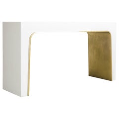 Contemporary Arch Console w/ Brass Trim in Cream Lacquer by Robert Kuo