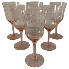 Retro Mid-20th Century Pink Etched Wine Glasses, Set of Six