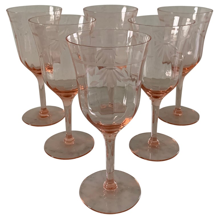 Mid20th Century Pink Etched Wine Glasses, Set of Six For Sale at 1stDibs