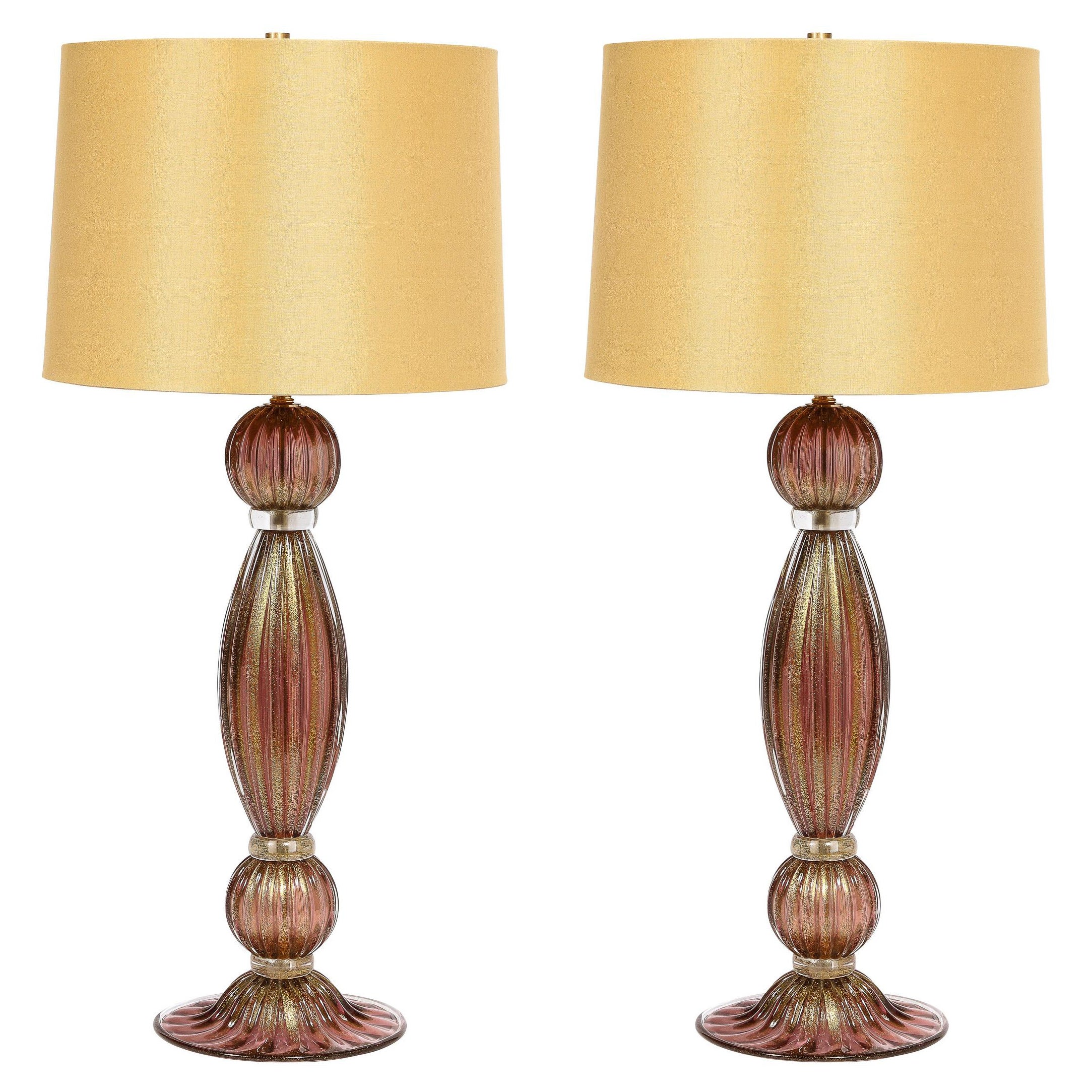 Modernist Hand-Blown Murano Smoked Chambord Glass Table Lamps w/ 24 Karat Gold For Sale