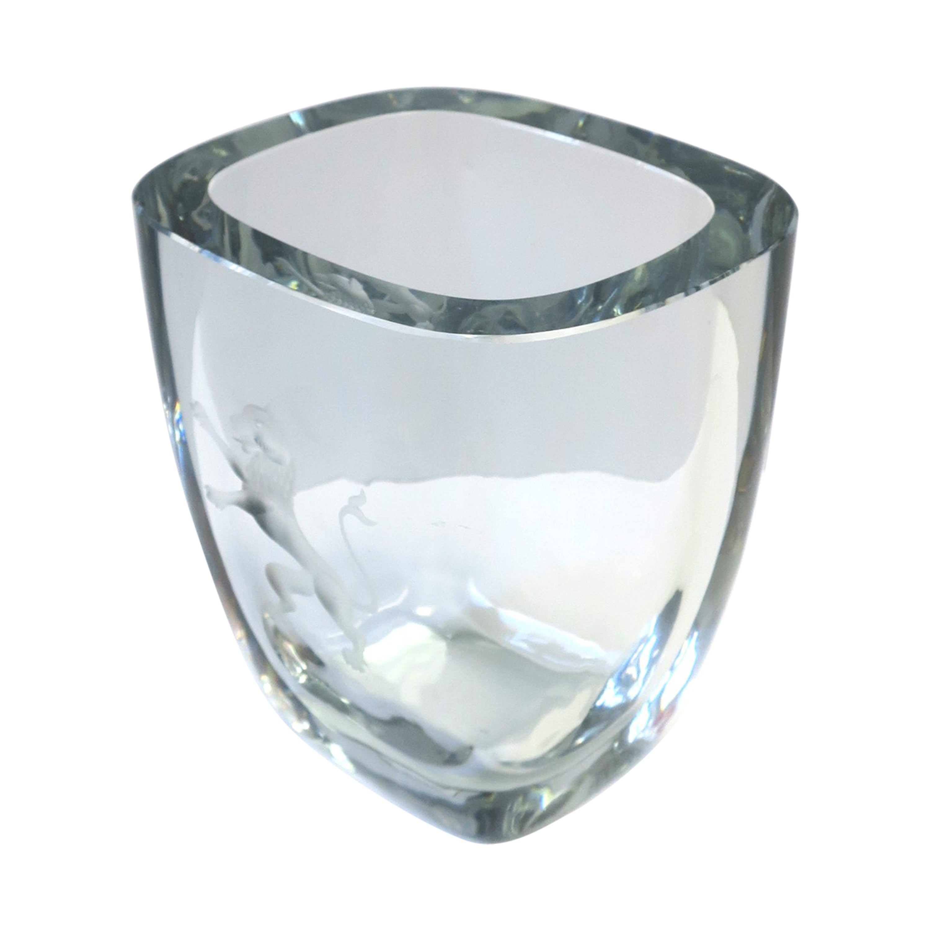 Scandinavian Modern Swedish Modern Crystal Strombergshytt Glass Vase with Lion  For Sale