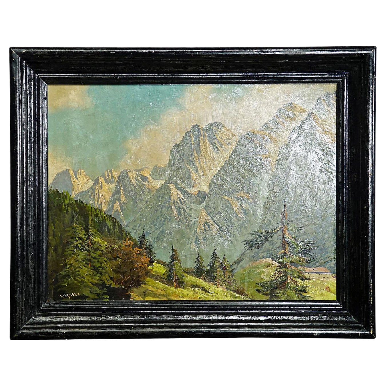 Painting Summerly High Mountain Landscape, Oil on Board Late 19th Century For Sale