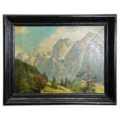 Painting Summerly High Mountain Landscape, Oil on Board Late 19th Century