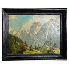 Antique Painting Summerly High Mountain Landscape, Oil on Board Late 19th Century