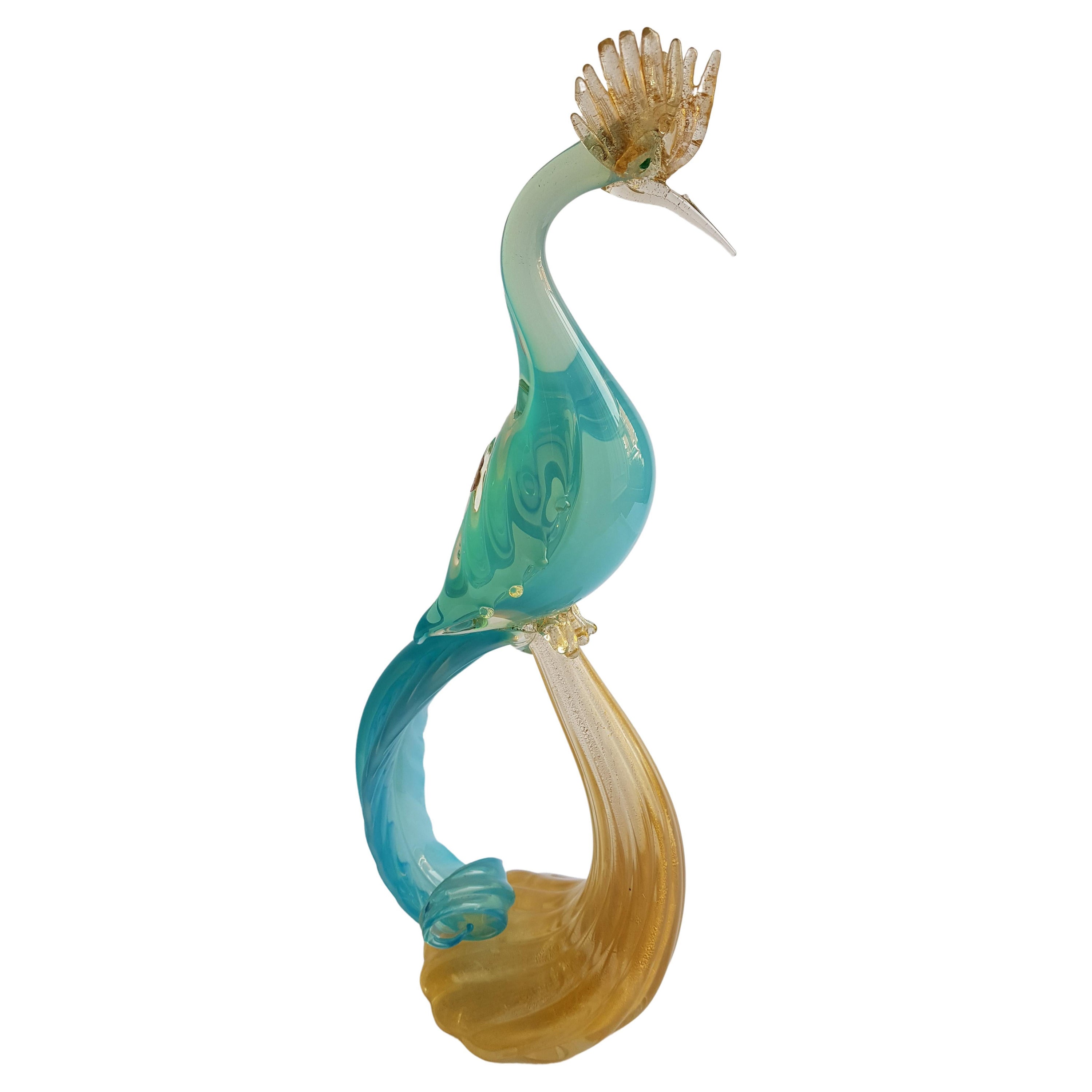 Murano Glass Large Blue Opal Paradise Bird with Gold Leaf by Alfredo Barbini For Sale