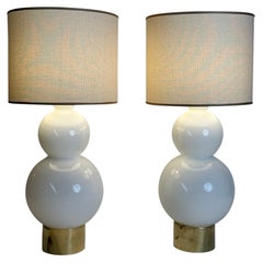 Late 20th Century Pair of Brass & White Blown Glass "Snowman" Table Lamps 