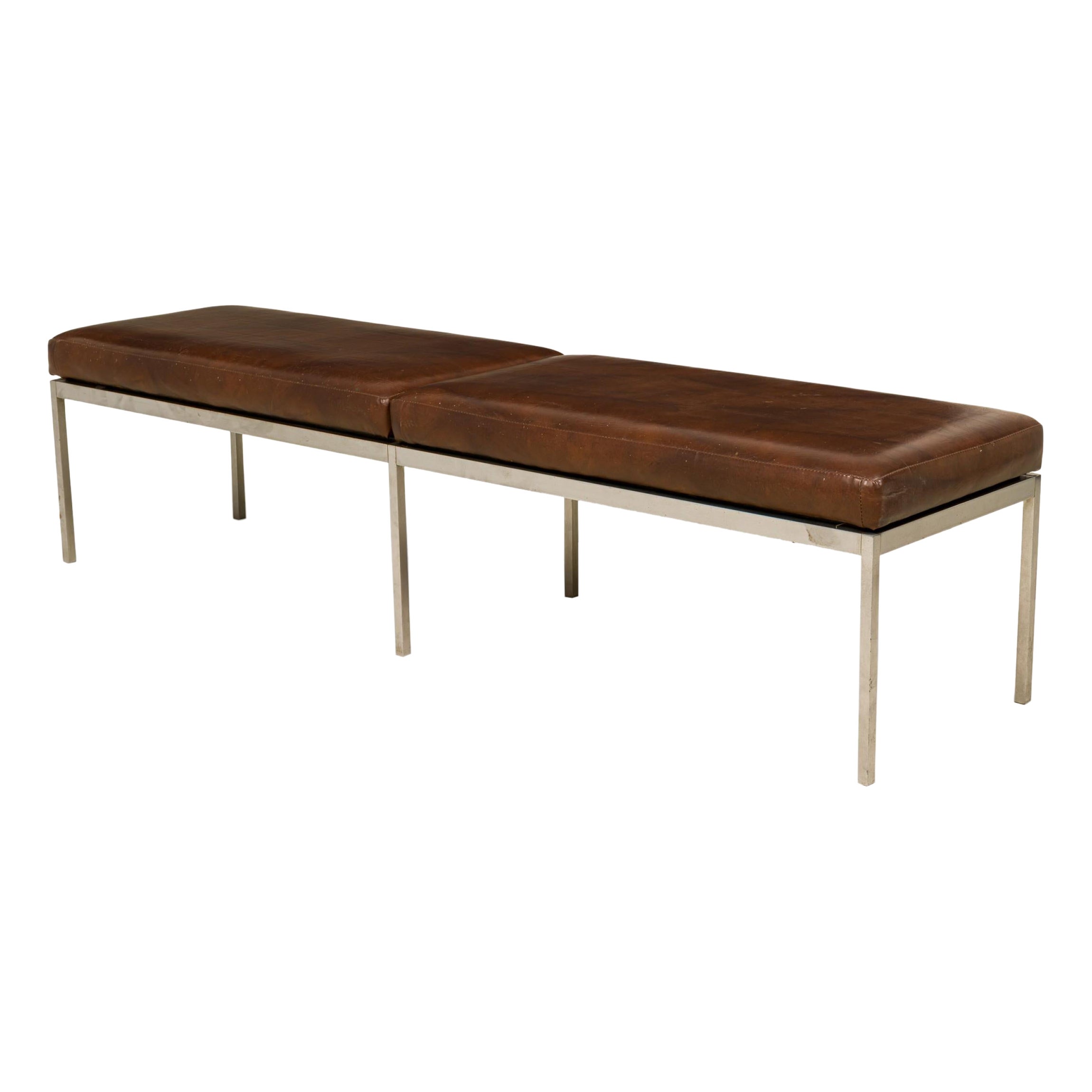 Harry Bertoia for Knoll Associates Brown Leather and Chrome Bench For Sale