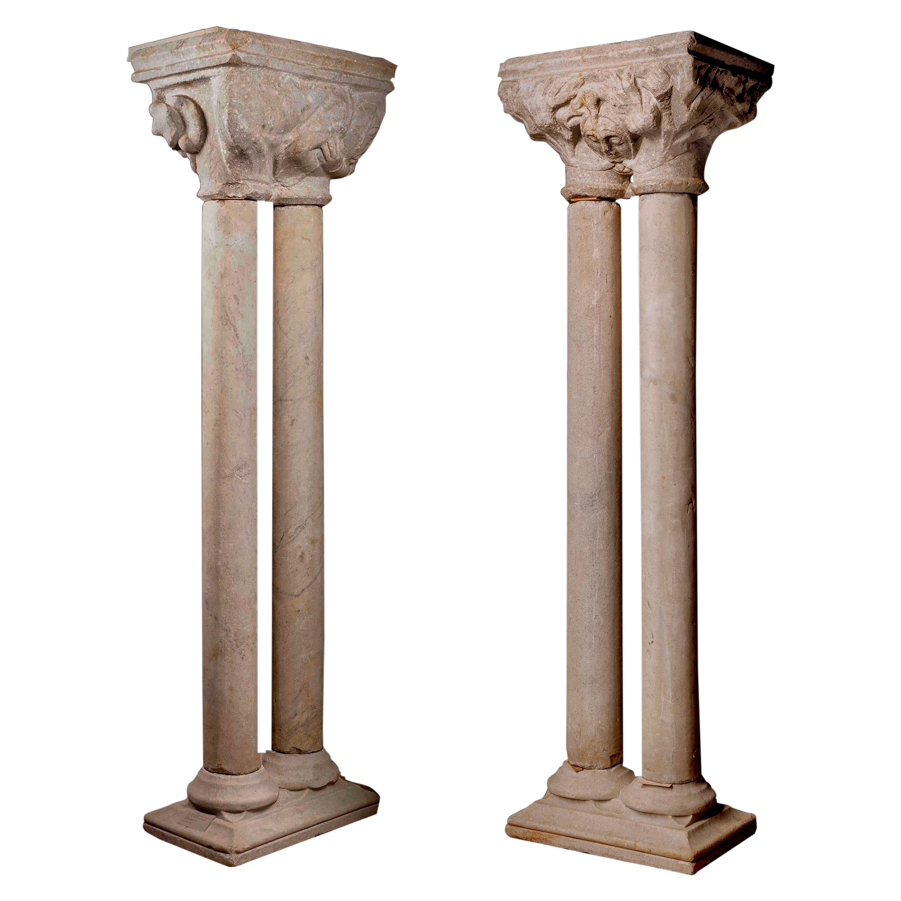 Pair of Double Cloister Capitals on Two Columns, Toulouse, 14th Century For Sale