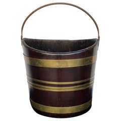 Antique Labeled George III Brass-Bound Mahogany Navette Form Peat Bucket, 19th Century