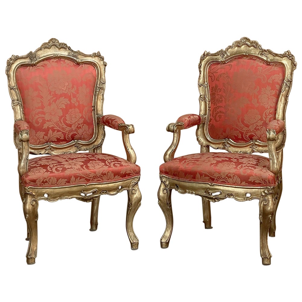 Pair Antique Italian Baroque Giltwood Armchairs with Damascene Silk