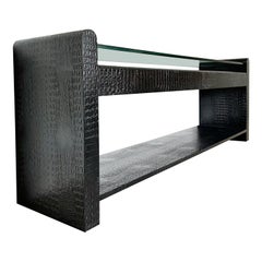 Leather Embossed Crocodile Glass Top Console Table 1980's