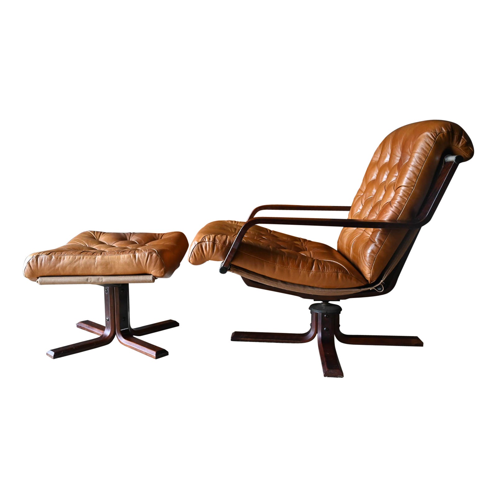 Leather and Rosewood Swivel Lounge Chair and Ottoman by Sigurd Ressell, 1970