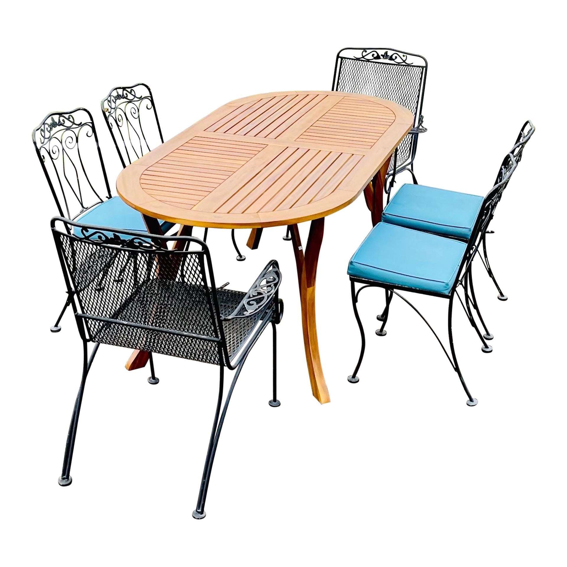 Vintage Wrought Iron Patio Furniture Seating Chairs with Teak Table For Sale
