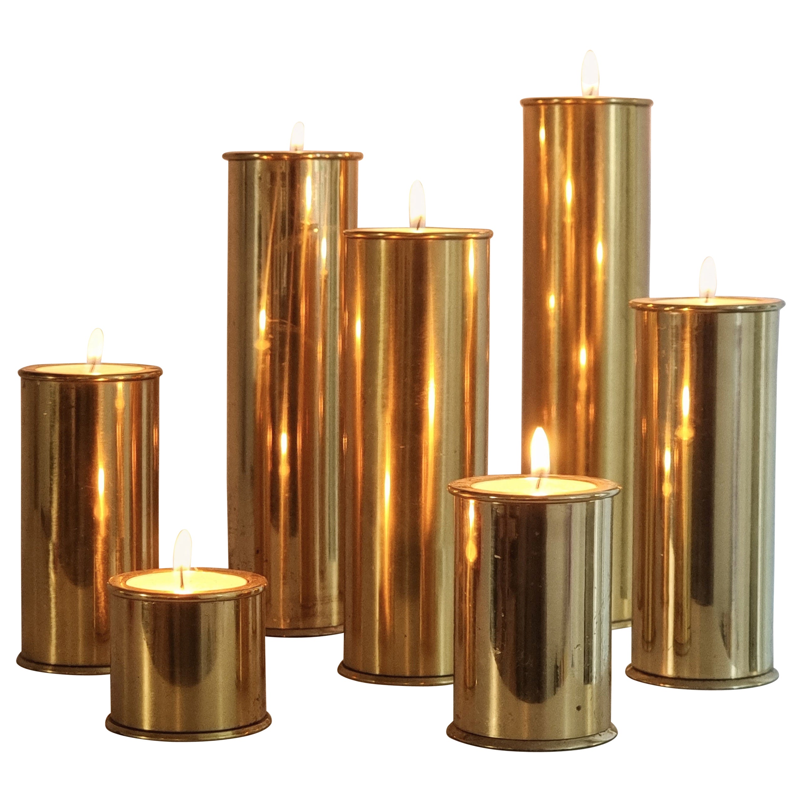 Stefan Englesson, Rare Seven Size Set, Candle Holders in Solid Brass, Sweden For Sale