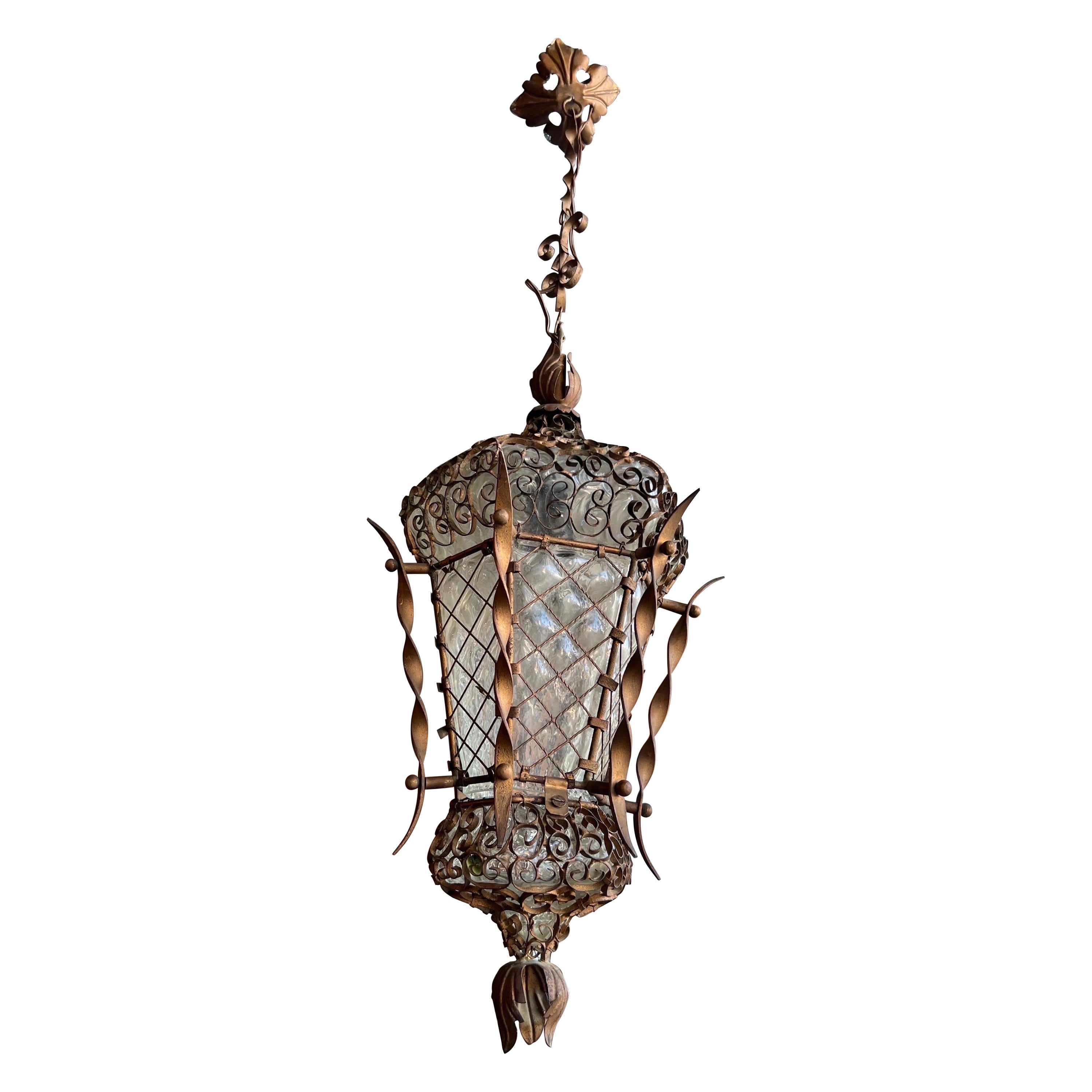 Late 19th - Early 20th Century Venetian Handblown Glass and Iron Lantern For Sale