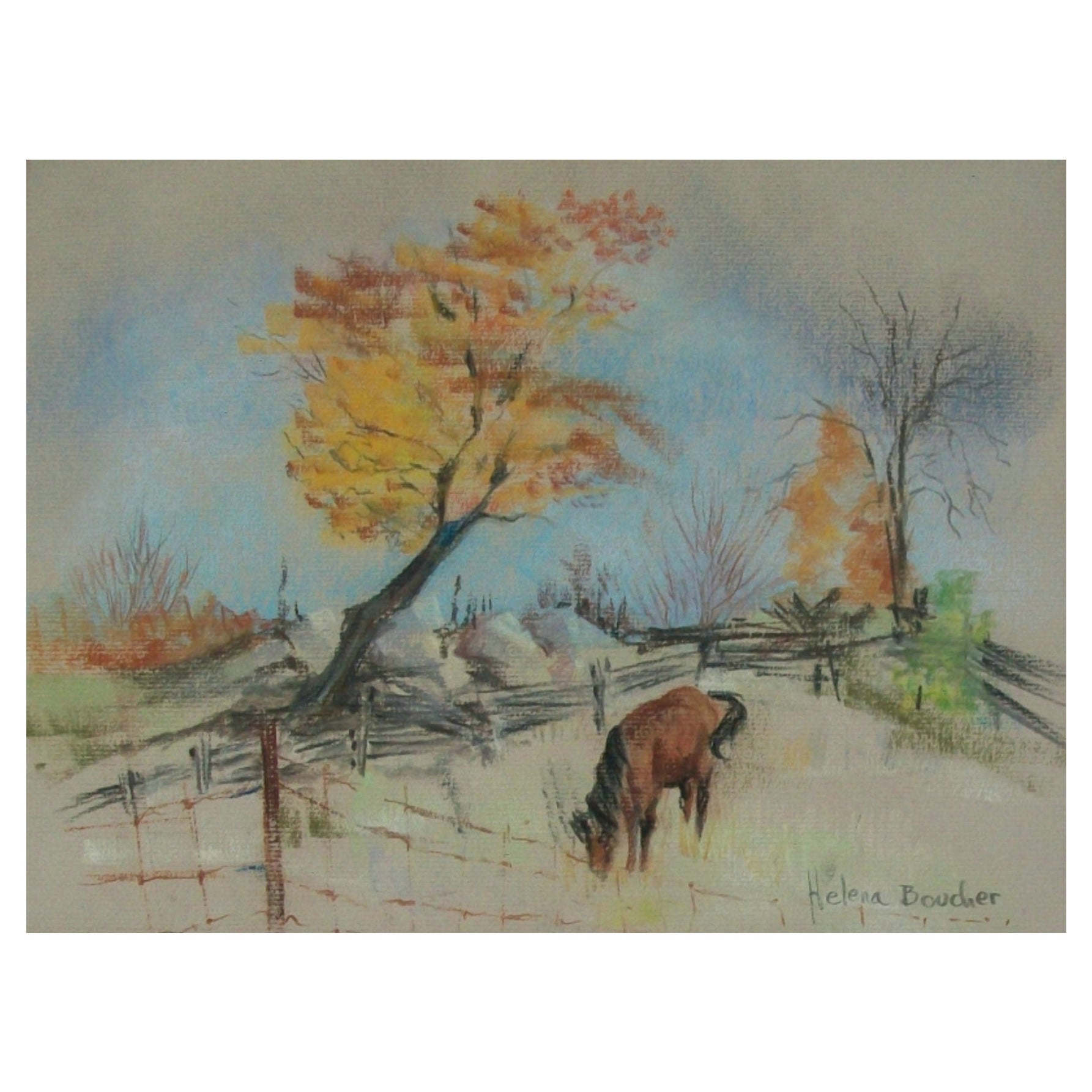 Helena Boucher – Pastell-Landschaft mit Pferd – Canadian School, Mitte des 20. Jahrhunderts im Angebot